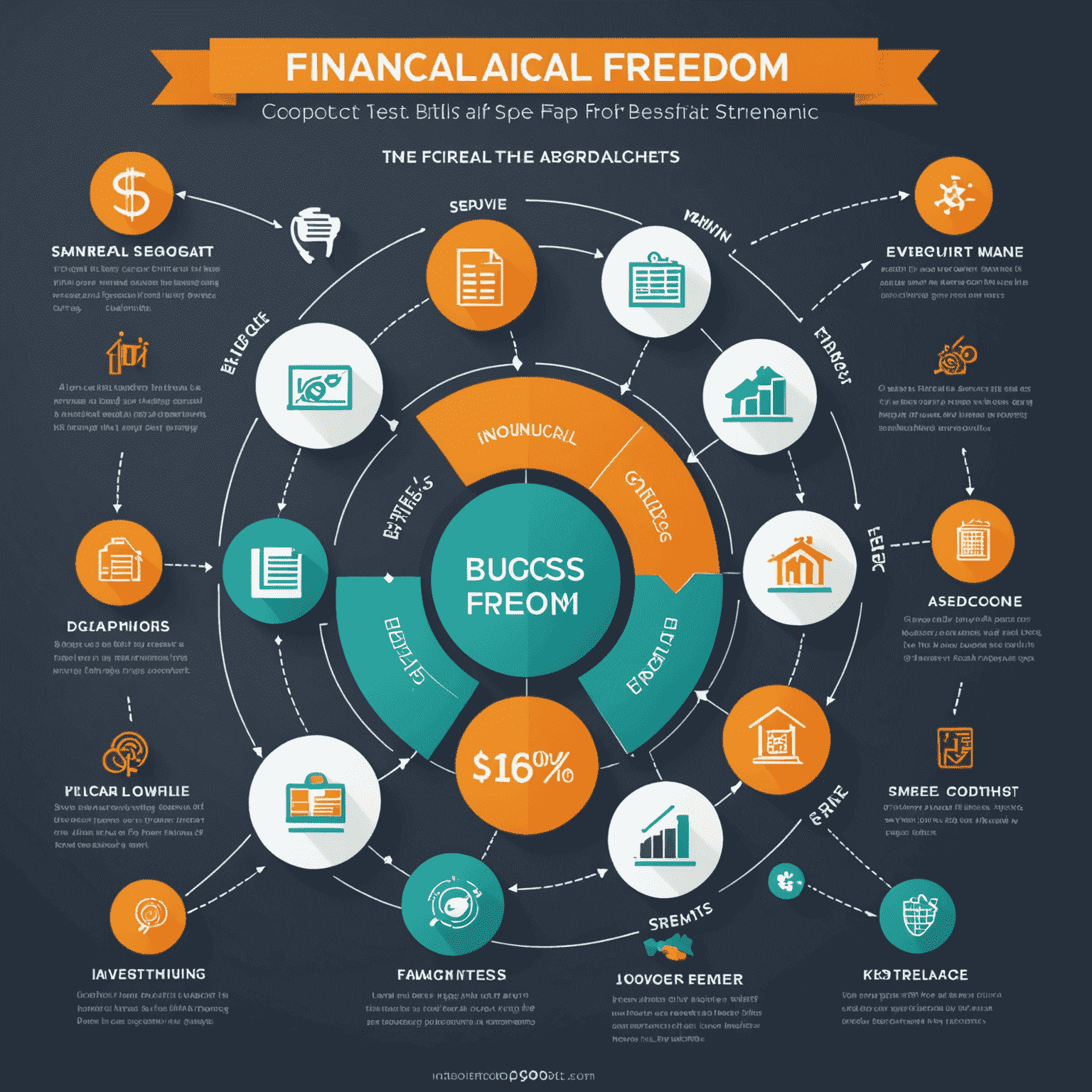 5 adımda finansal özgürlük sürecini gösteren infografik. Bütçe planlama, yatırım, tasarruf, borç yönetimi ve pasif gelir akışlarını içeren görsel.