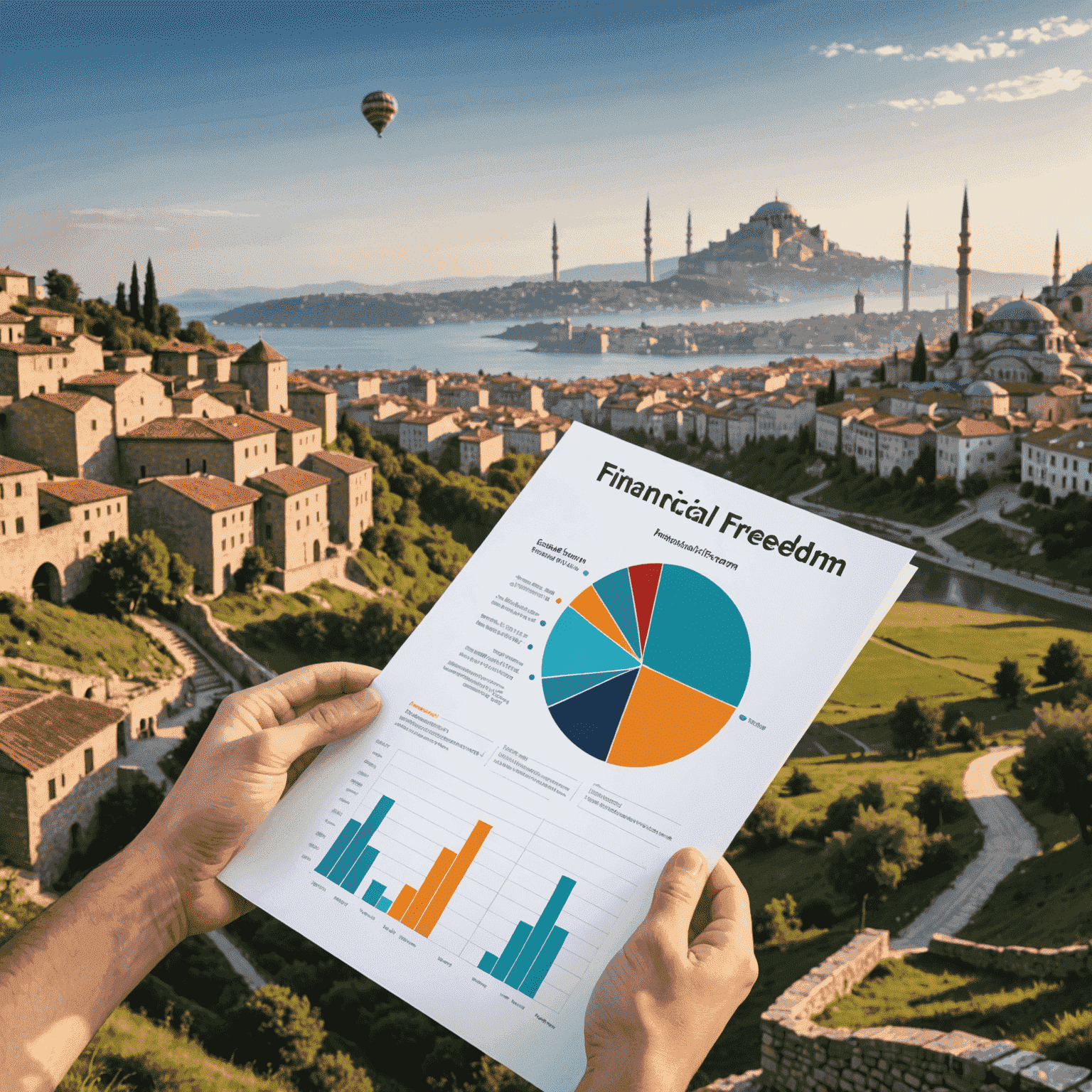 Bir kişinin elinde finansal özgürlük basamaklarını gösteren bir grafik tuttuğu, arka planda Türkiye'nin ikonik manzaralarının bulunduğu resim