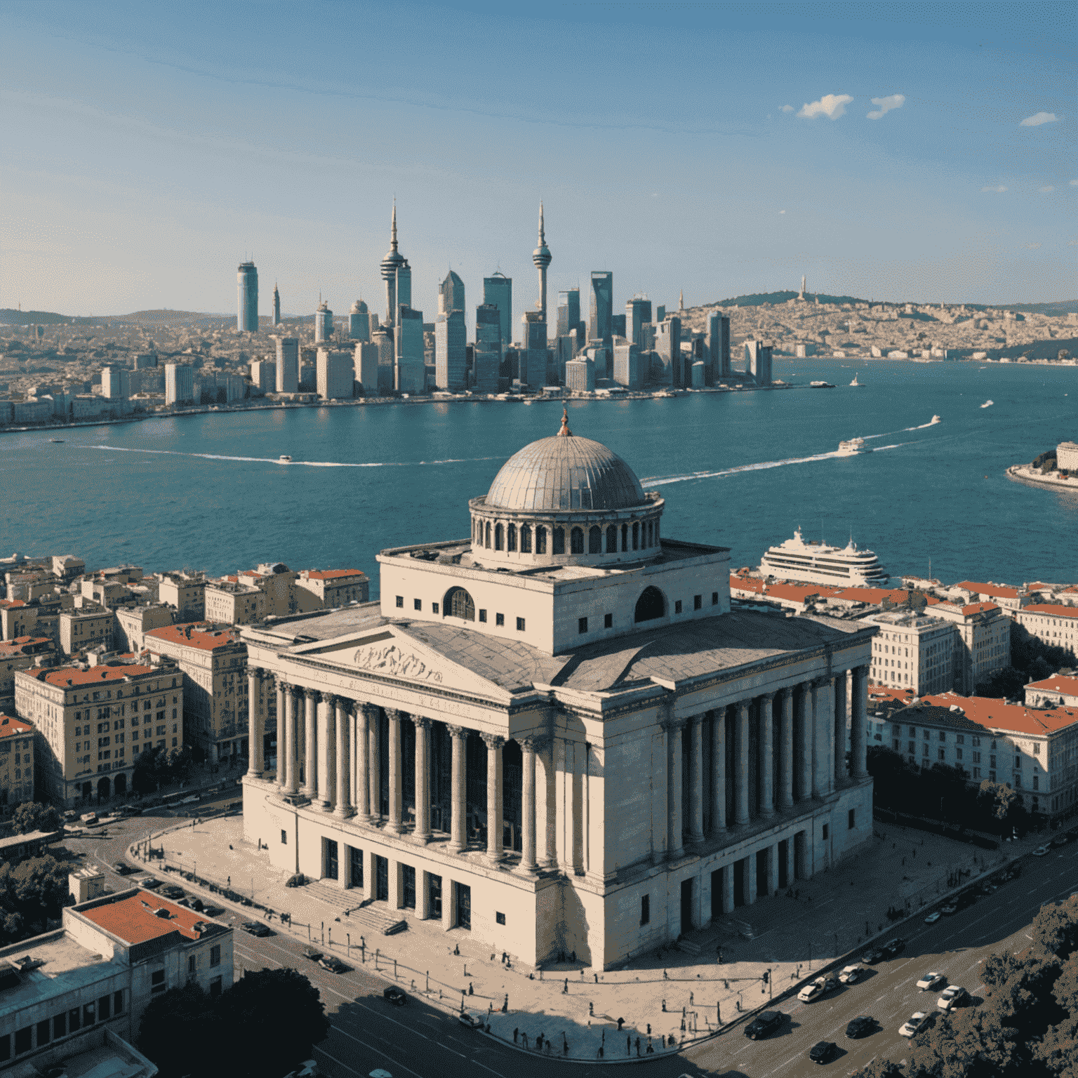 İstanbul Menkul Kıymetler Borsası'nın panoramik görüntüsü, arka planda modern gökdelenler ve Boğaz manzarası