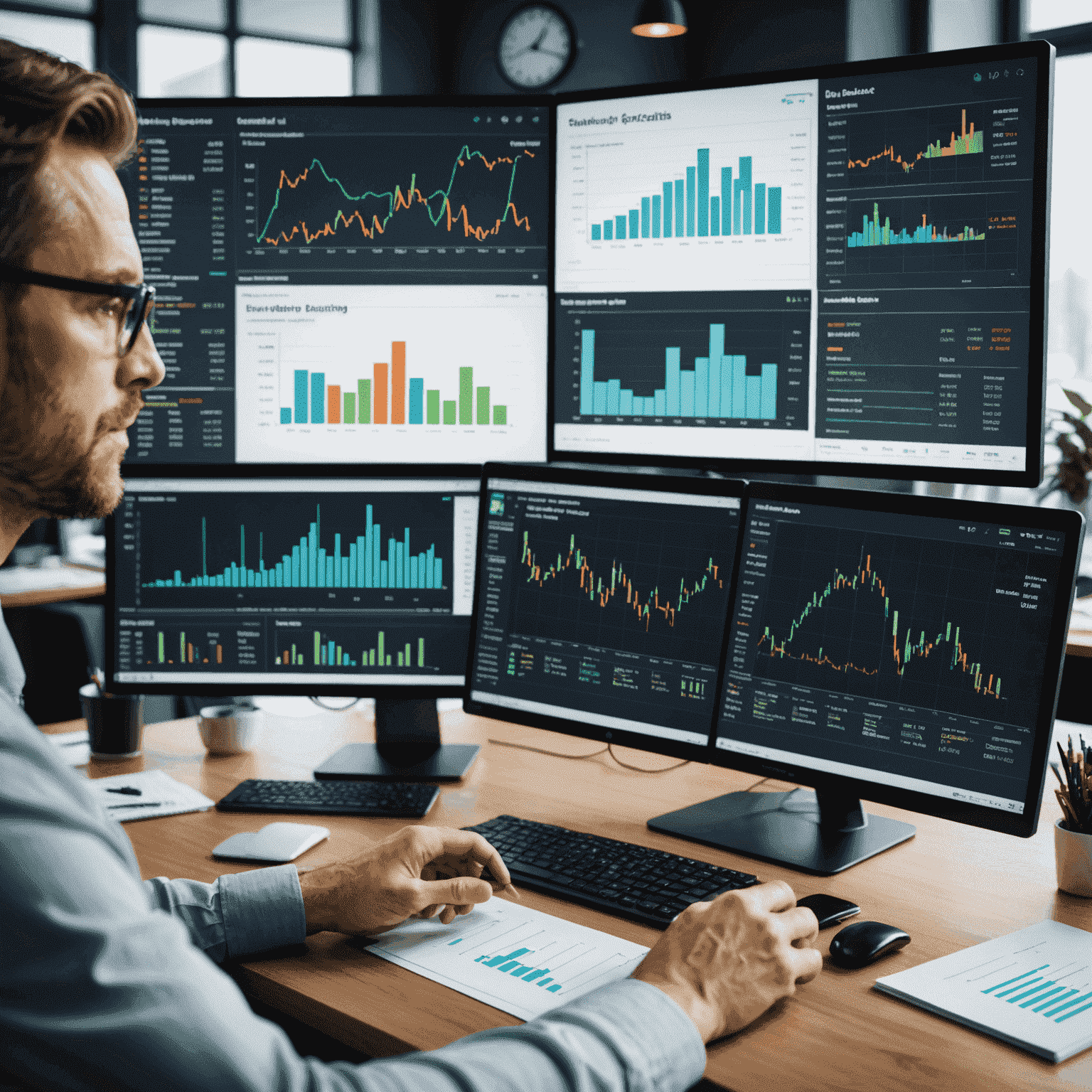 Grafik ve tablolarla dolu bir ekran, arka planda bir finans uzmanı çalışıyor